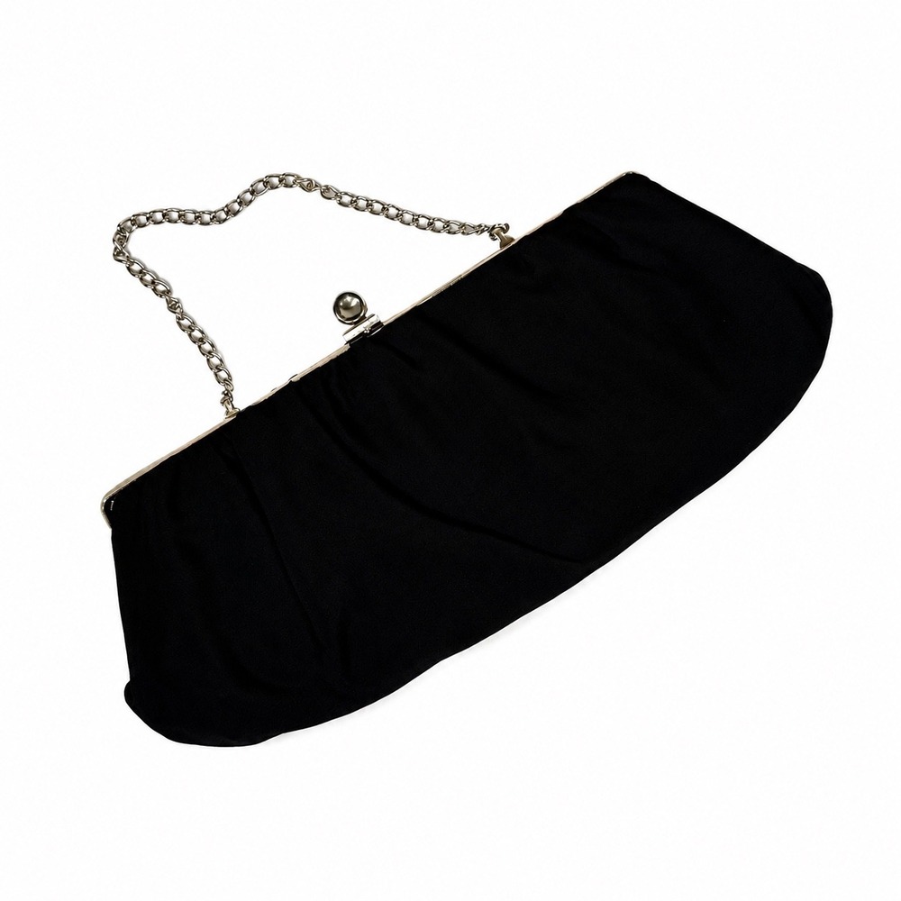 VTG Black Pleated Evening Clutch Bag Silver Chain Strap Kiss Lock Formal Wedding